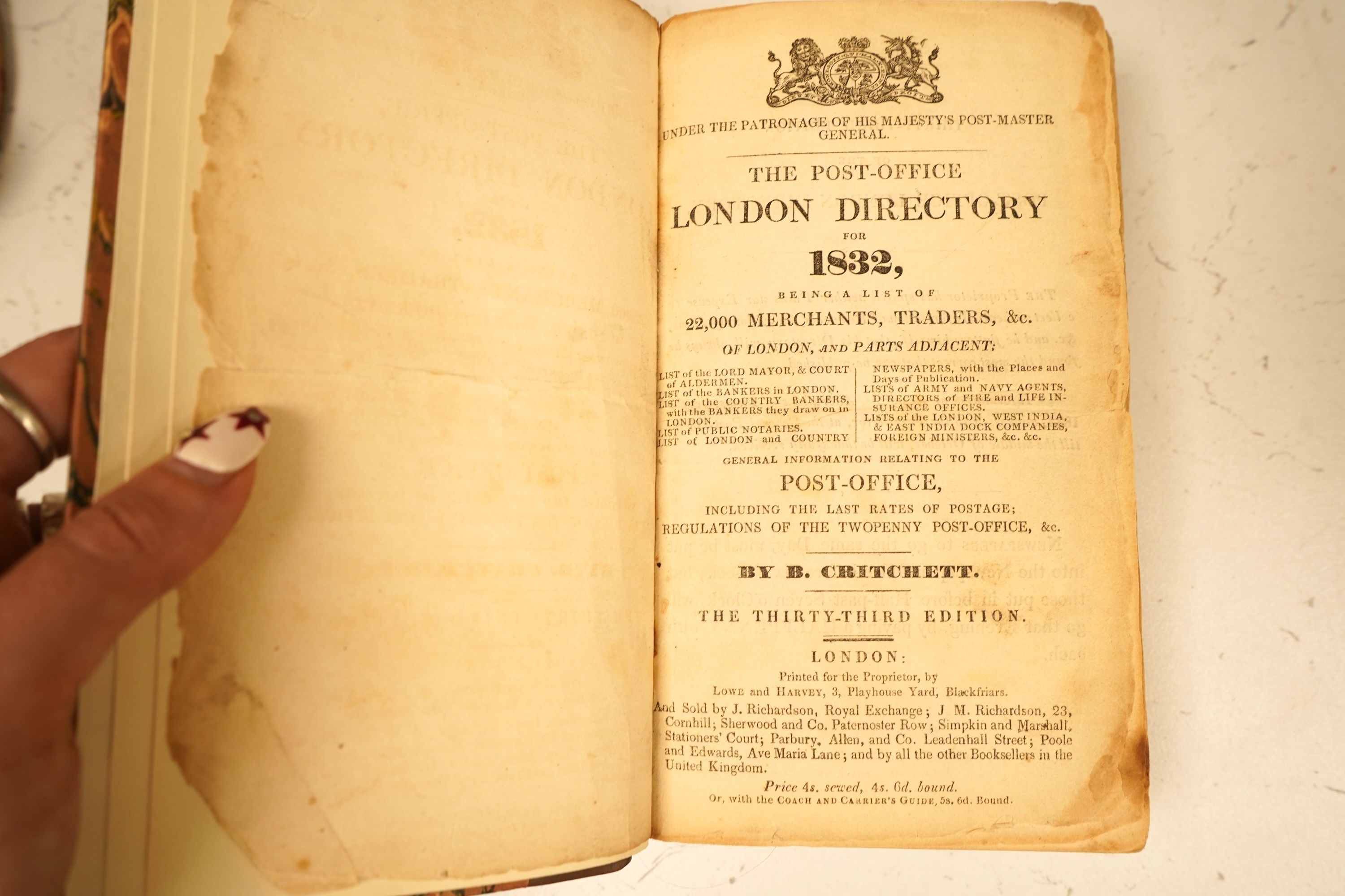 Critchett, B. - The Post Office and London Directory for 1832 ... newly rebound calf backed marbled boards, gilt ruled spine with red label, cr. 8vo.; Frederic Kelly's Post Office London Directory, 1849 ... folded plan;